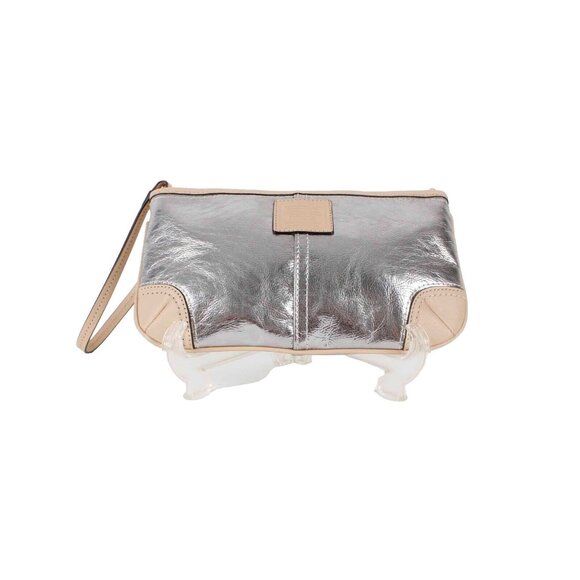Coach 6 x 10 x .5 Silver Tan Leather Zip Top Inside Pockets Wristlet - Picture 1 of 5
